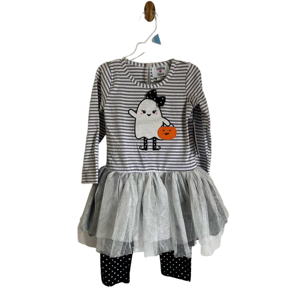 Counting Daisies Halloween Dress and Leggings Set, Ghost Tutu Skirt Glitter 4T